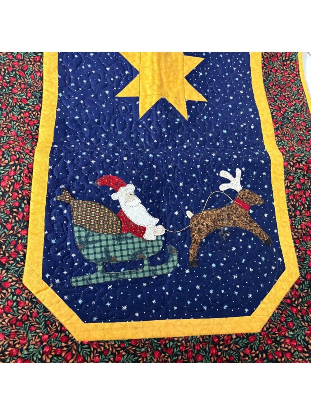 Handmade Applique Quilted Christmas Table Runner Santa Reindeer 47.5x19 in